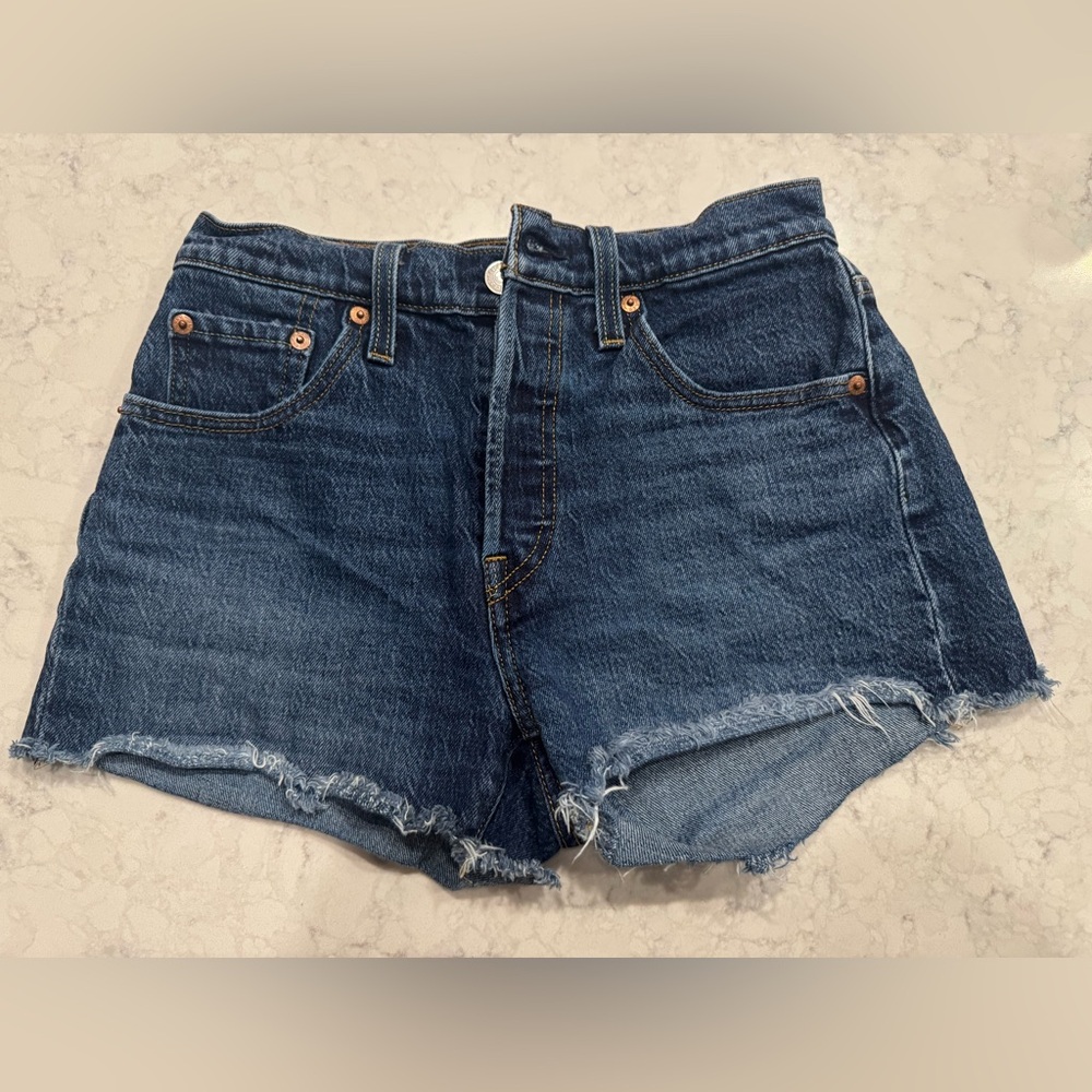 Levi's Blue Jean Shorts with Distressed Hem and High Waist